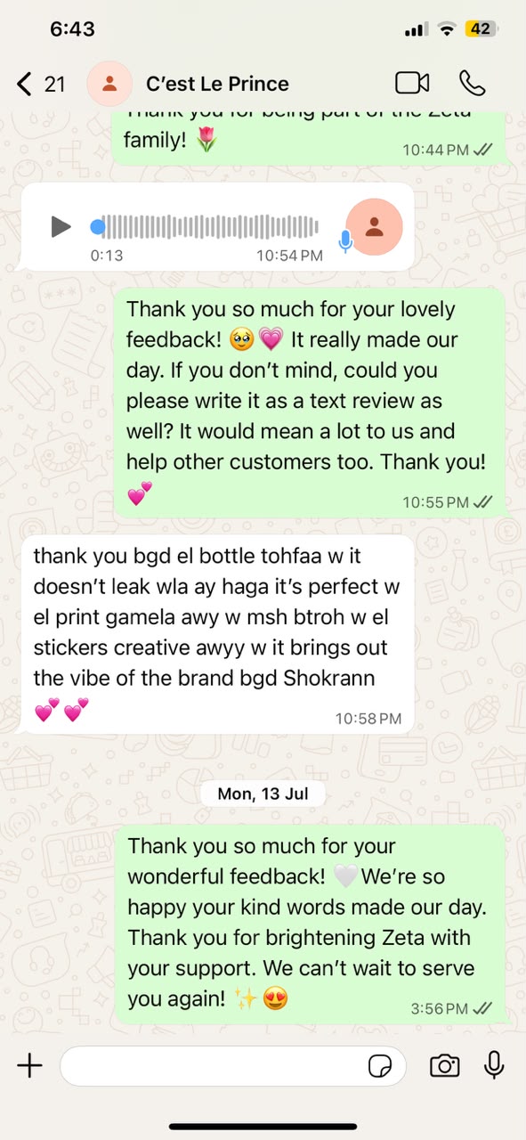ZETA customer review - real WhatsApp testimonial
